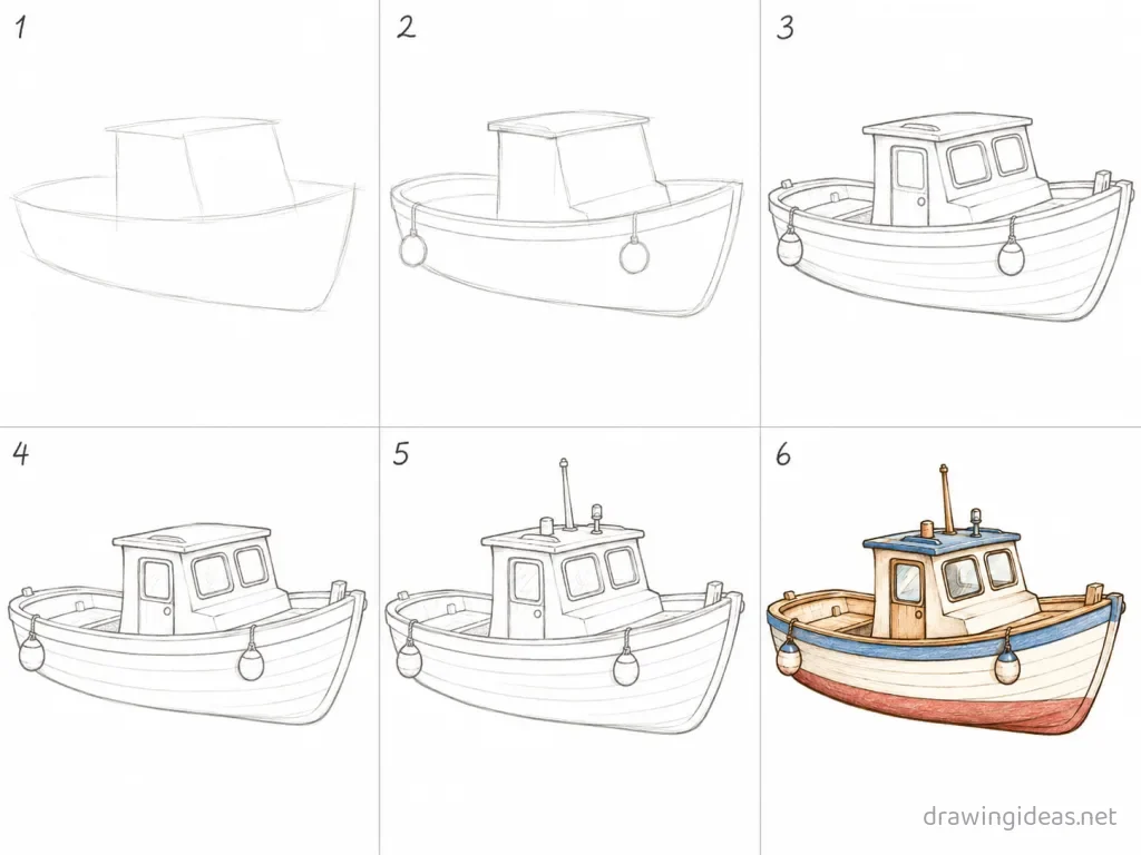 How to draw a boat step by step — 6-step boat drawing tutorial grid