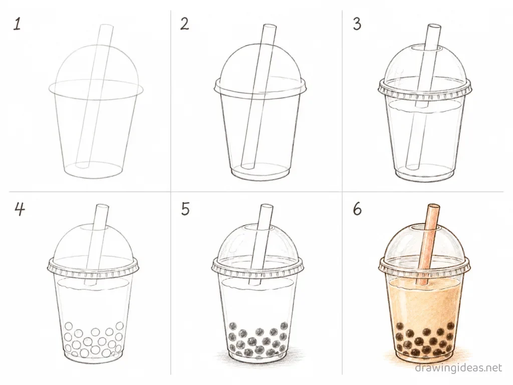 How to draw boba step by step — 6-step boba drawing tutorial grid