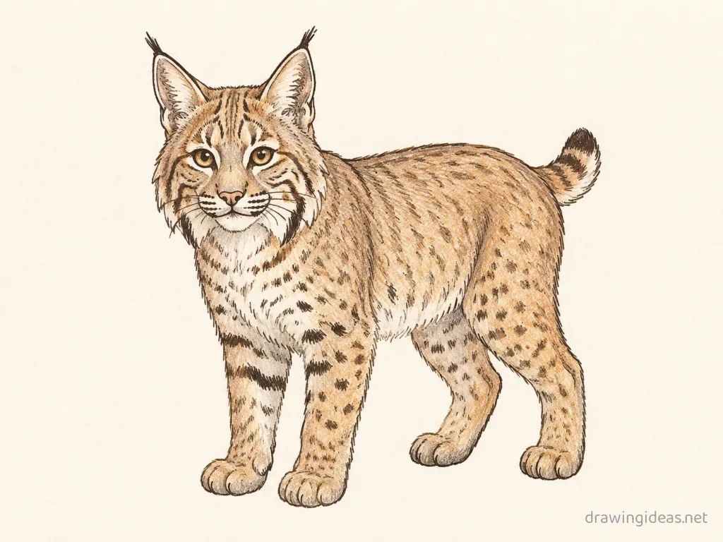 Bobcat drawing — hand-drawn bobcat illustration with ink lines and soft colors