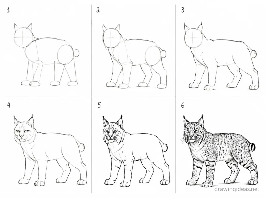 How to draw a bobcat step by step — 6-step bobcat drawing tutorial grid