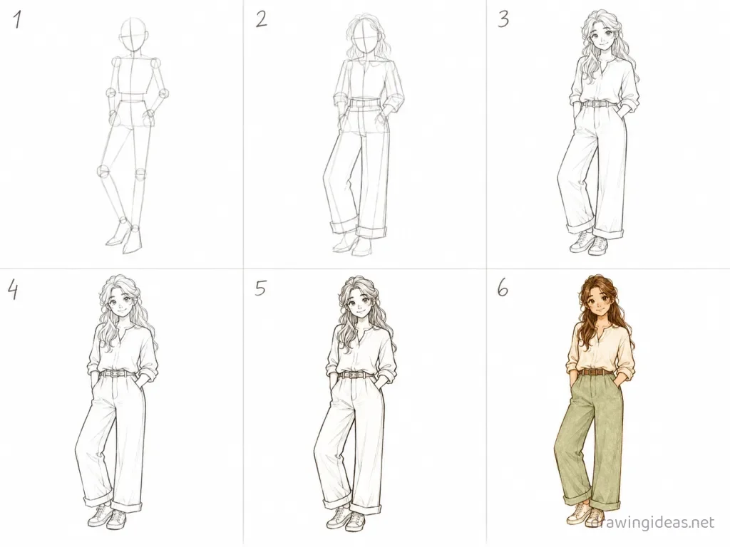 How to draw a body step by step — 6-step body drawing tutorial grid
