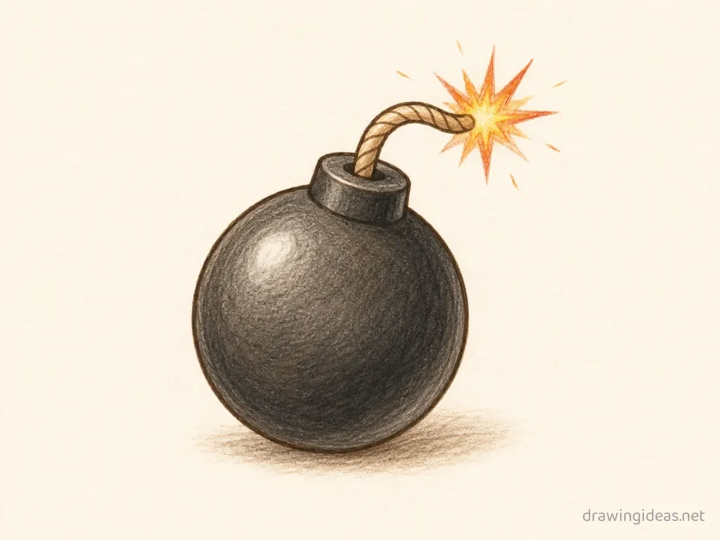 Bomb drawing — hand-drawn bomb illustration with ink lines and soft colors