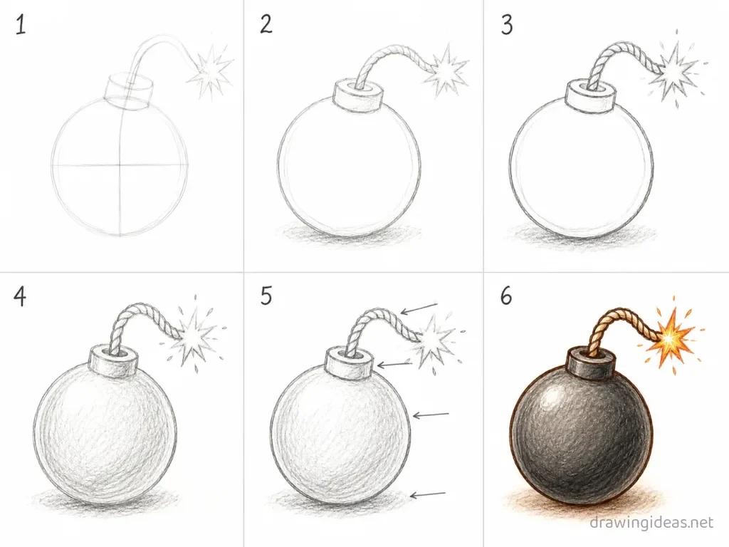 How to draw a bomb step by step — 6-step bomb drawing tutorial grid