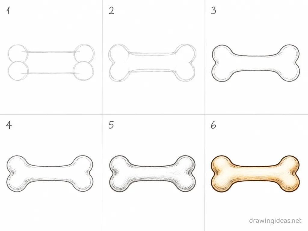 How to draw a bone step by step — 6-step bone drawing tutorial grid