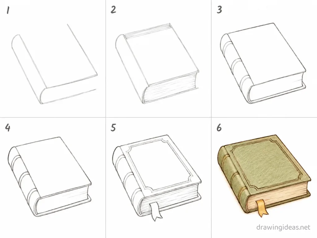 How to draw a book step by step — 6-step book drawing tutorial grid