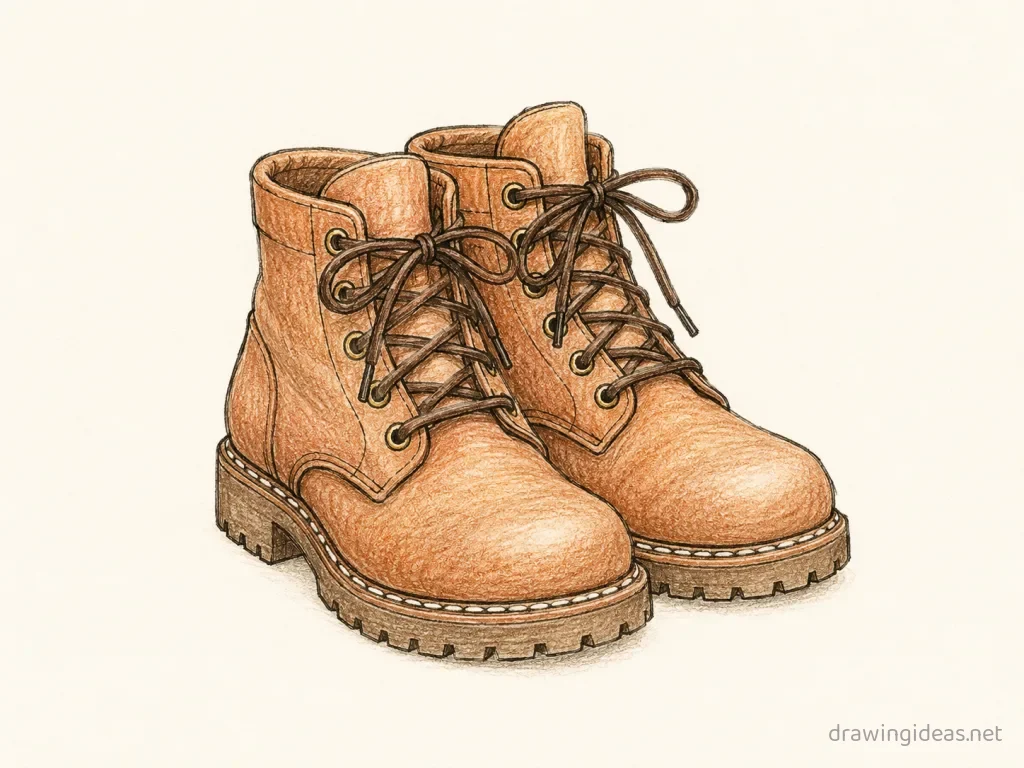 Boots drawing — hand-drawn boots illustration with ink lines and soft colors