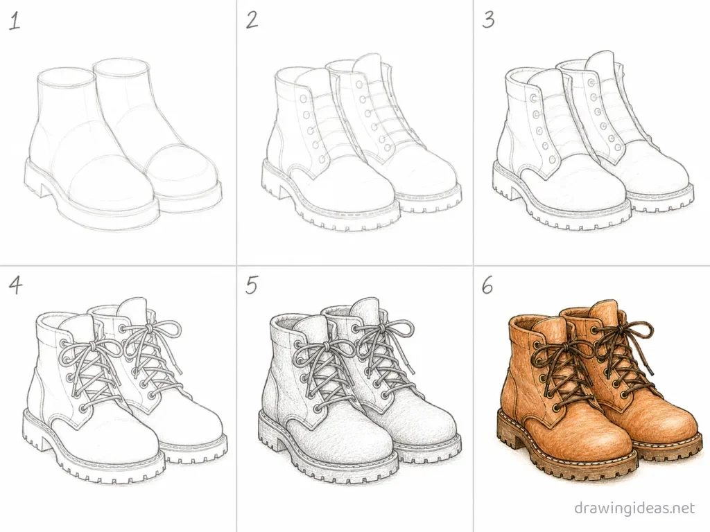 How to draw boots step by step — 6-step boots drawing tutorial grid