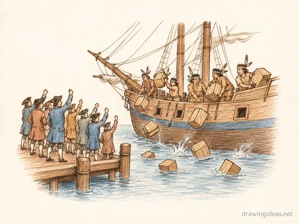 Boston Tea Party drawing — hand-drawn Boston Tea Party illustration with ink lines and soft colors