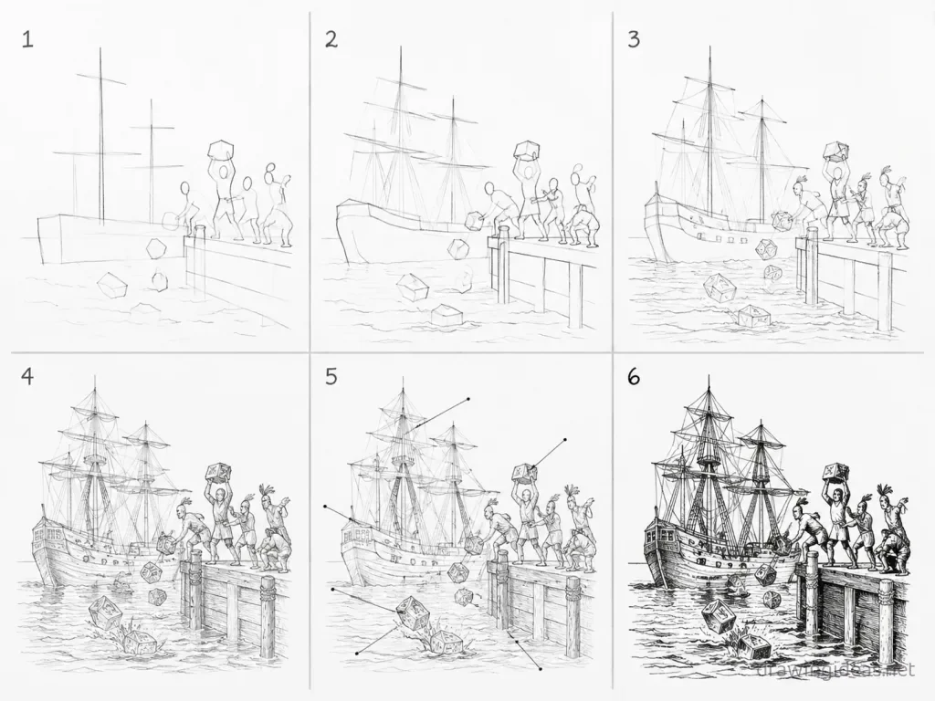 How to draw the Boston Tea Party step by step — 6-step Boston Tea Party drawing tutorial grid