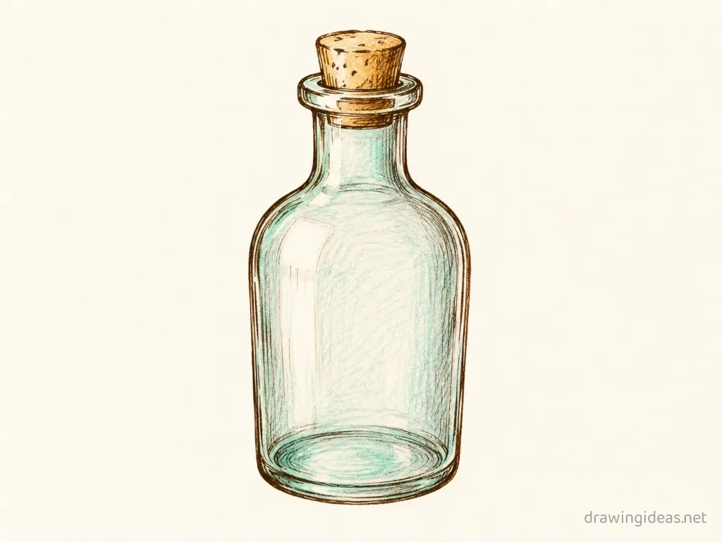 Bottle drawing — hand-drawn bottle illustration with ink lines and soft colors