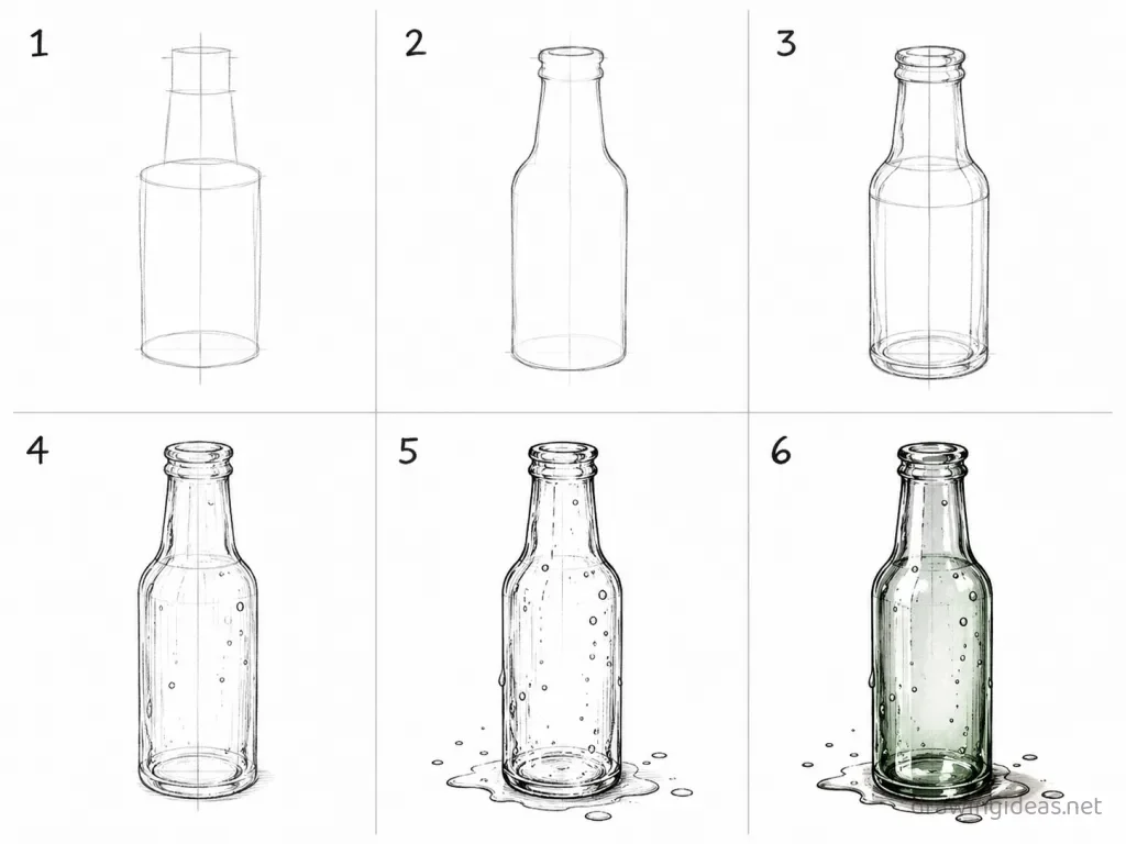 How to draw a bottle step by step — 6-step bottle drawing tutorial grid