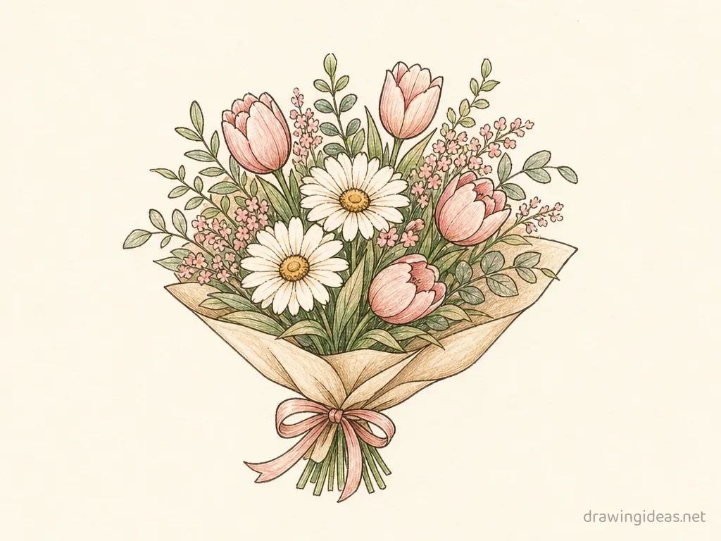Bouquet drawing — hand-drawn bouquet illustration with ink lines and soft colors