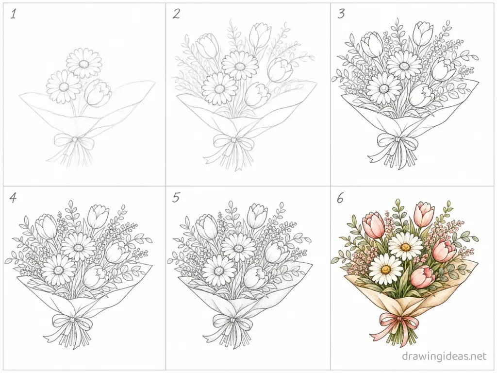 How to draw a bouquet step by step — 6-step bouquet drawing tutorial grid