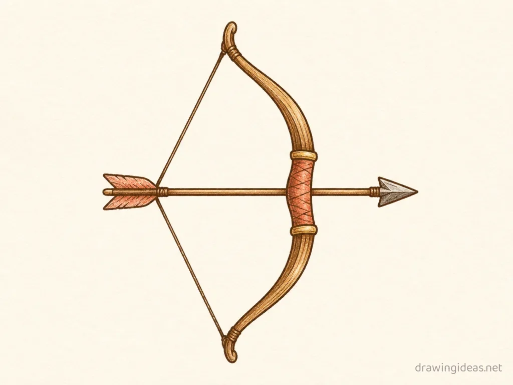 Bow and Arrow drawing — hand-drawn bow and arrow illustration with ink lines and soft colors