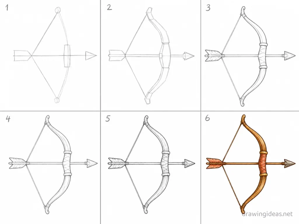 How to draw a bow and arrow step by step — 6-step bow and arrow drawing tutorial grid