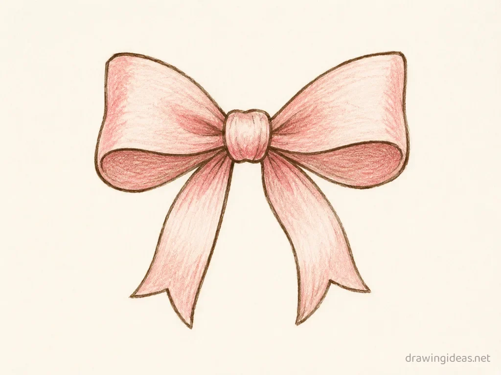 Bow drawing — hand-drawn bow illustration with ink lines and soft colors