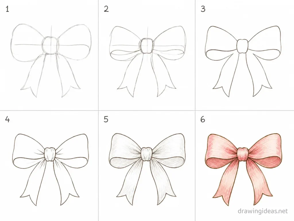 How to draw a bow step by step — 6-step bow drawing tutorial grid