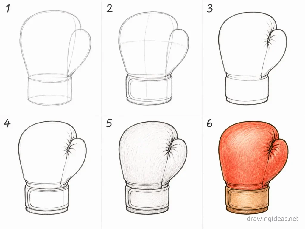 How to draw a boxing glove step by step — 6-step boxing glove drawing tutorial grid