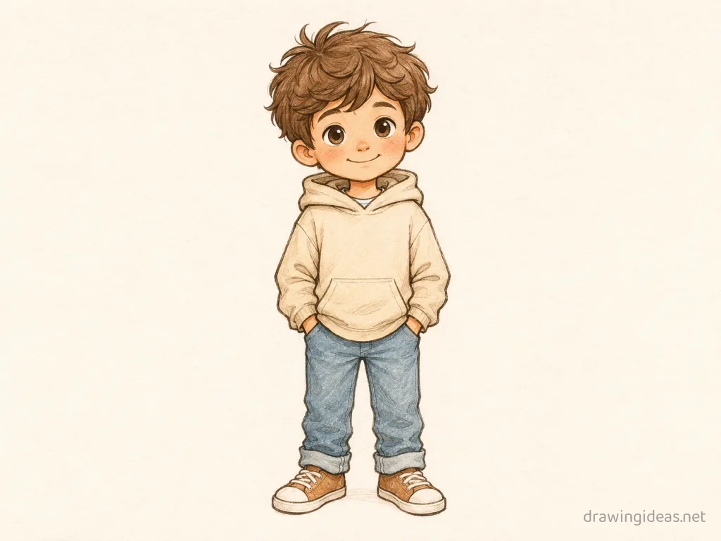 Boy drawing — hand-drawn boy illustration with ink lines and soft colors