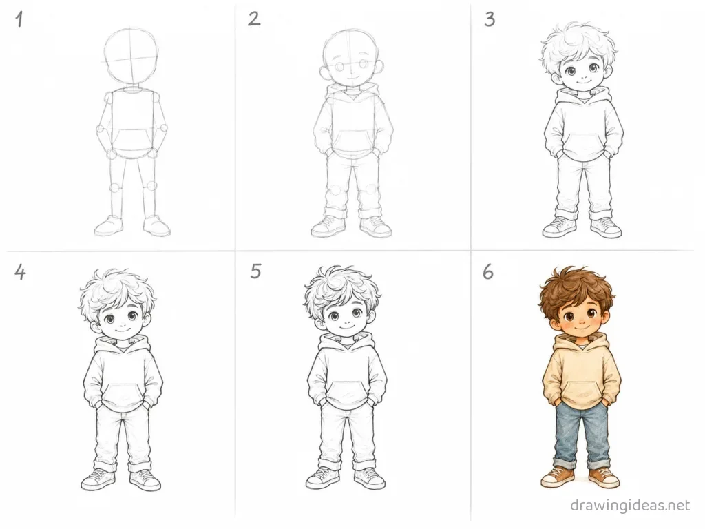 How to draw a boy step by step — 6-step boy drawing tutorial grid