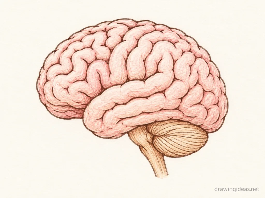 Brain drawing — hand-drawn brain illustration with ink lines and soft colors