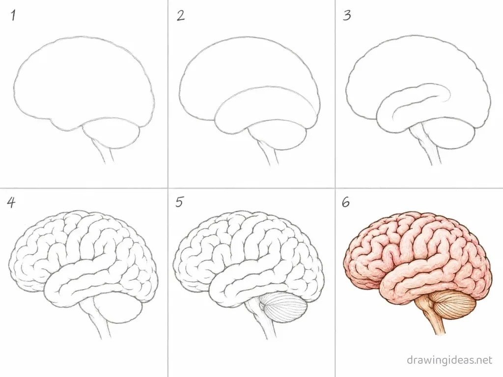 How to draw a brain step by step — 6-step brain drawing tutorial grid