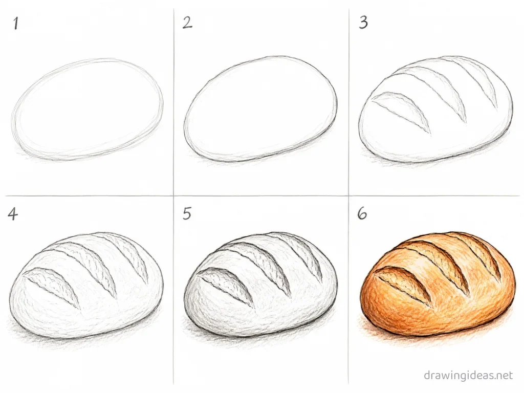 How to draw bread step by step — 6-step bread drawing tutorial grid