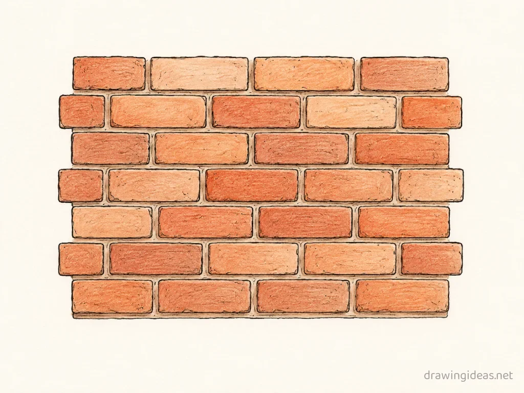 Brick Wall drawing — hand-drawn brick wall illustration with ink lines and soft colors