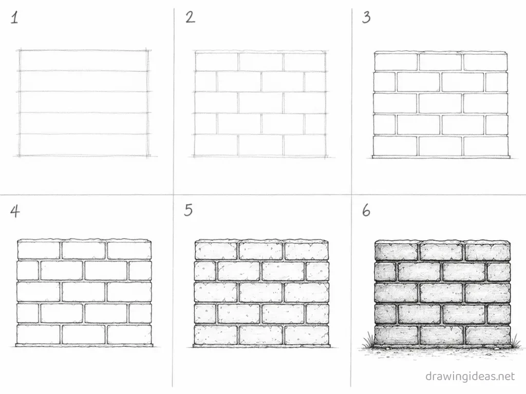 How to draw a brick wall step by step — 6-step brick wall drawing tutorial grid