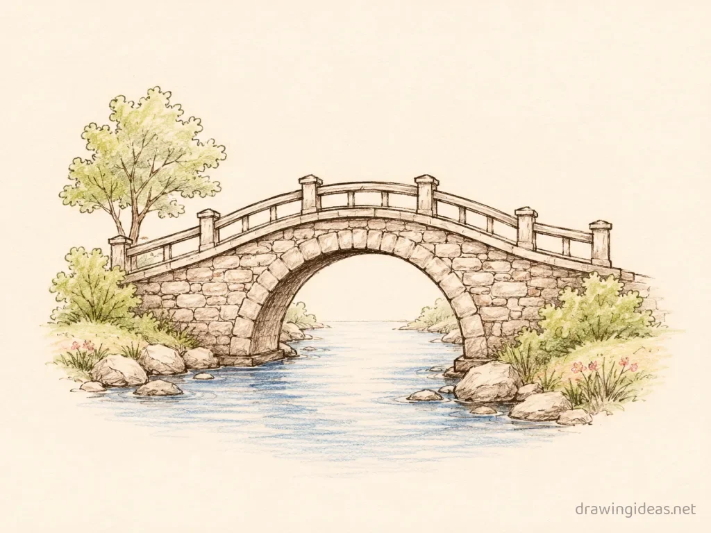 Bridge drawing — hand-drawn bridge illustration with ink lines and soft colors