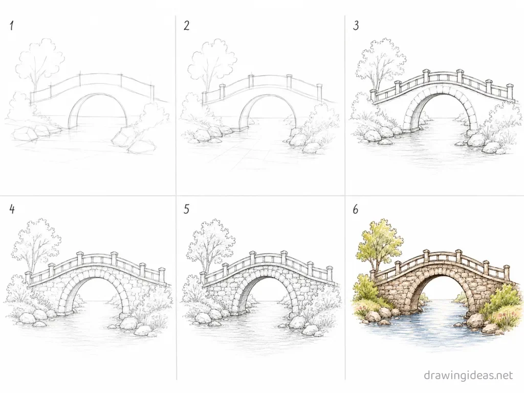 How to draw a bridge step by step — 6-step bridge drawing tutorial grid
