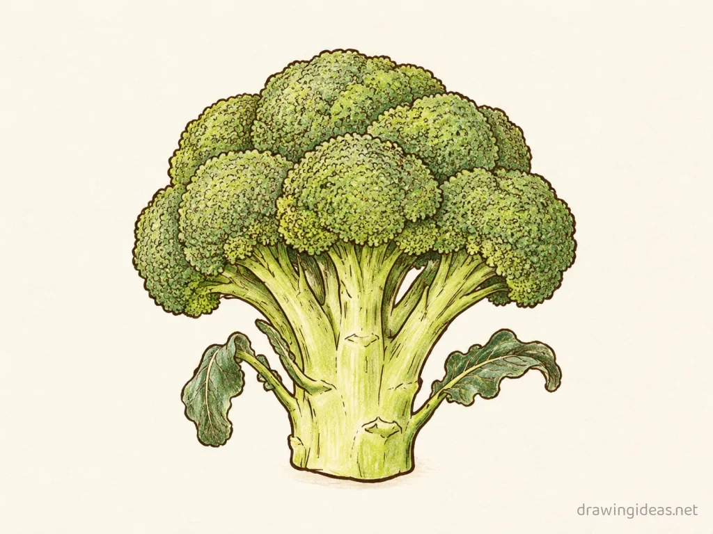 Broccoli drawing — hand-drawn broccoli illustration with ink lines and soft colors
