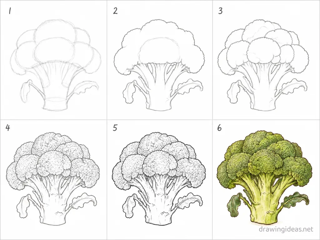 How to draw broccoli step by step — 6-step broccoli drawing tutorial grid