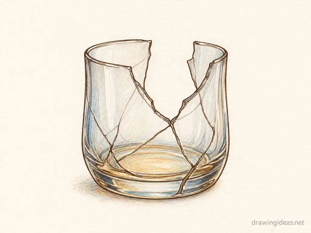 Broken Glass drawing — hand-drawn broken glass illustration with ink lines and soft colors