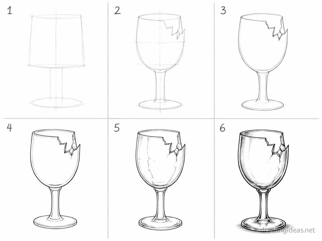 How to draw a broken glass step by step — 6-step broken glass drawing tutorial grid