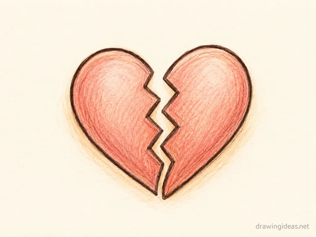 Broken Heart drawing — hand-drawn broken heart illustration with ink lines and soft colors
