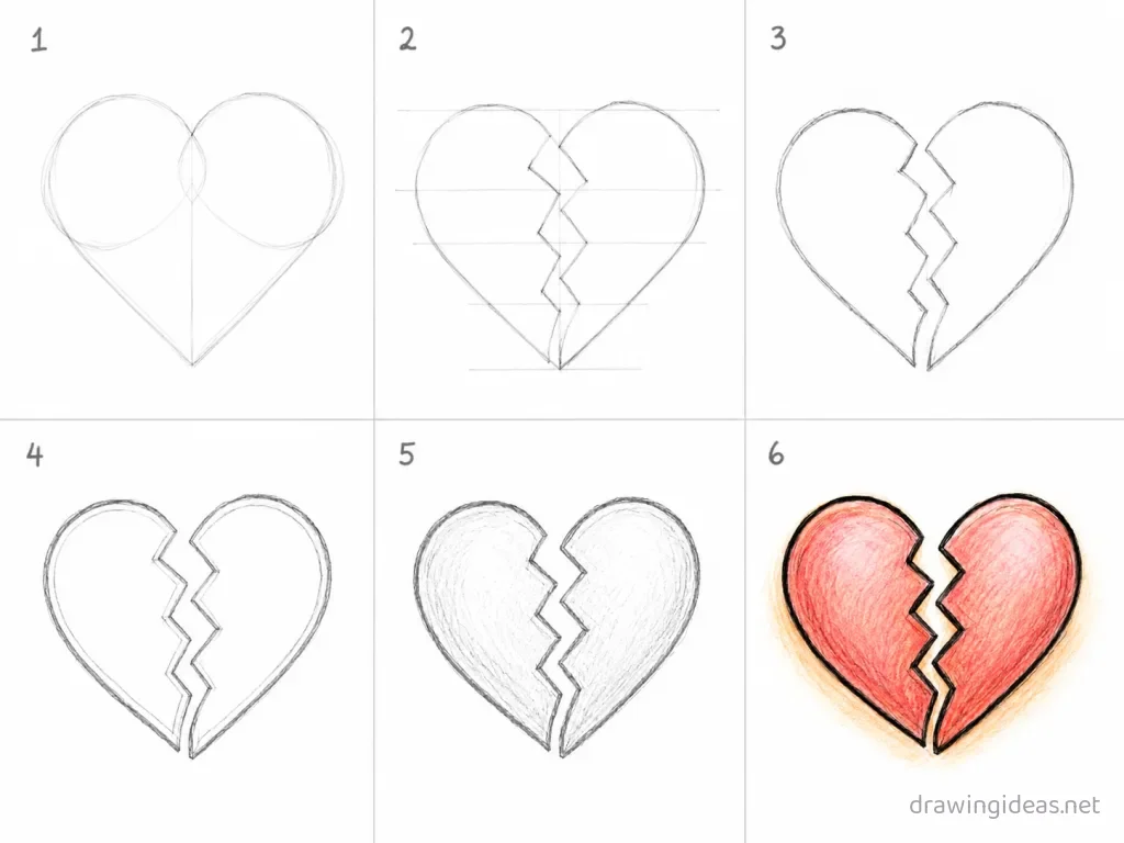 How to draw a broken heart step by step — 6-step broken heart drawing tutorial grid