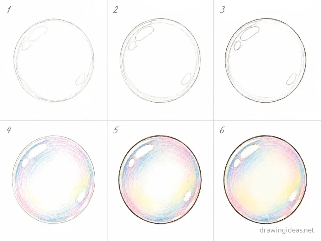 How to draw a bubble step by step — 6-step bubble drawing tutorial grid