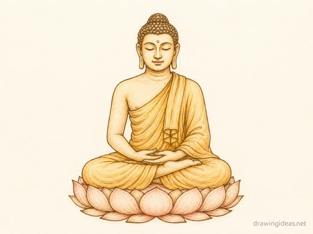 Buddha drawing — hand-drawn Buddha illustration with ink lines and soft colors