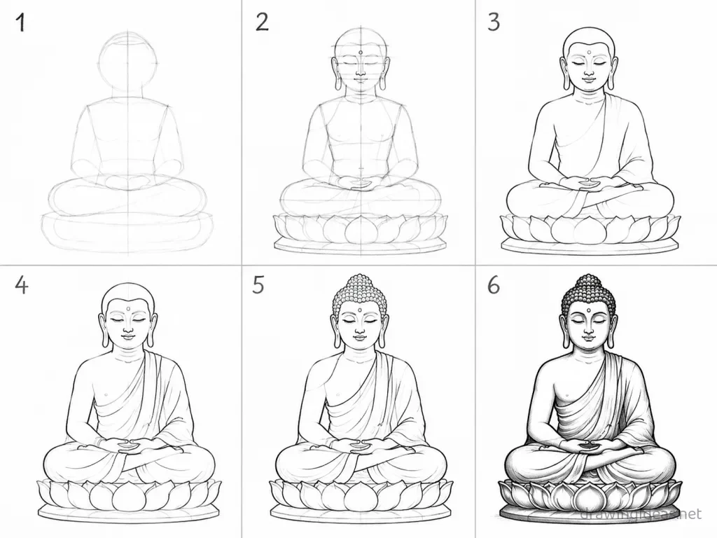 How to draw Buddha step by step — 6-step Buddha drawing tutorial grid
