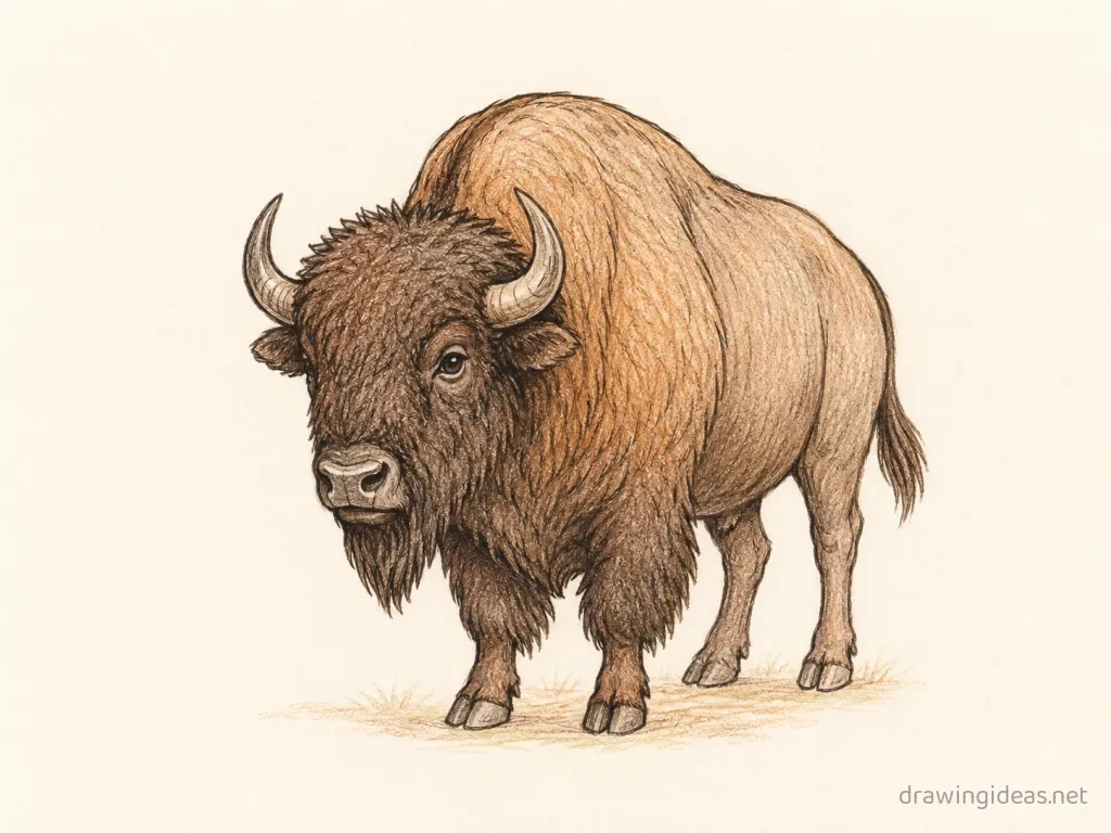 Buffalo drawing — hand-drawn buffalo illustration with ink lines and soft colors