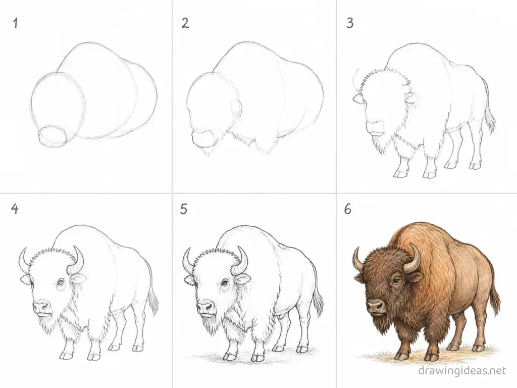 How to draw a buffalo step by step — 6-step buffalo drawing tutorial grid
