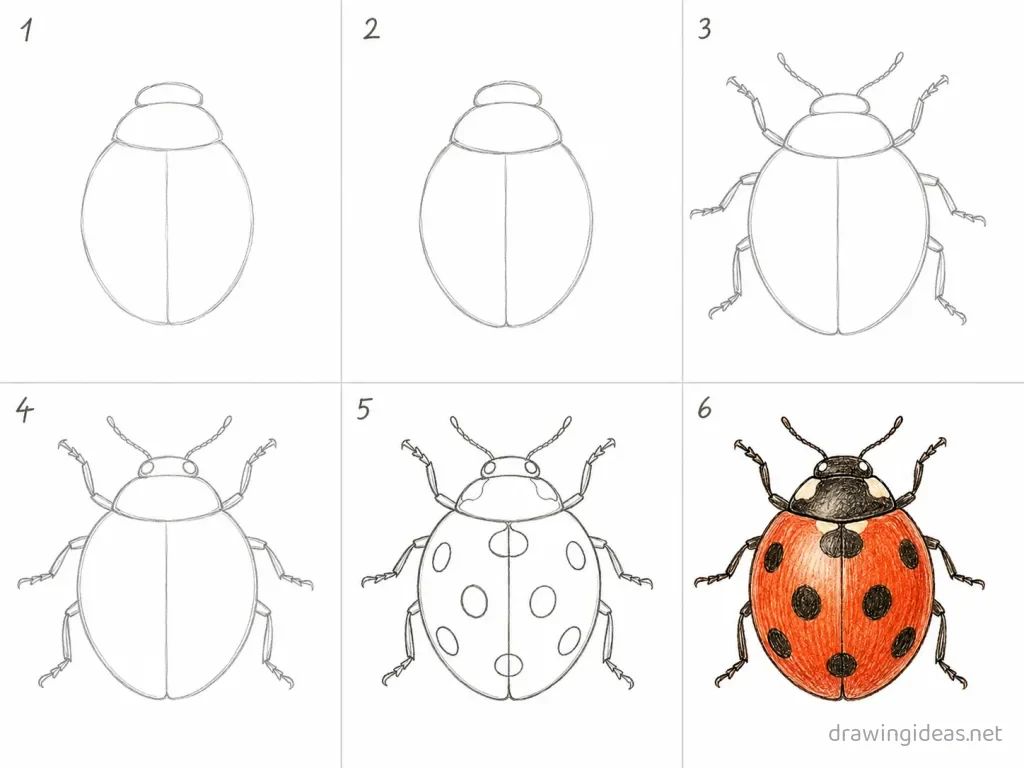 How to draw a bug step by step — 6-step bug drawing tutorial grid