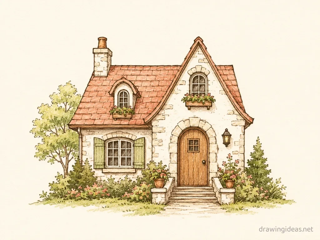 Building drawing — hand-drawn building illustration with ink lines and soft colors