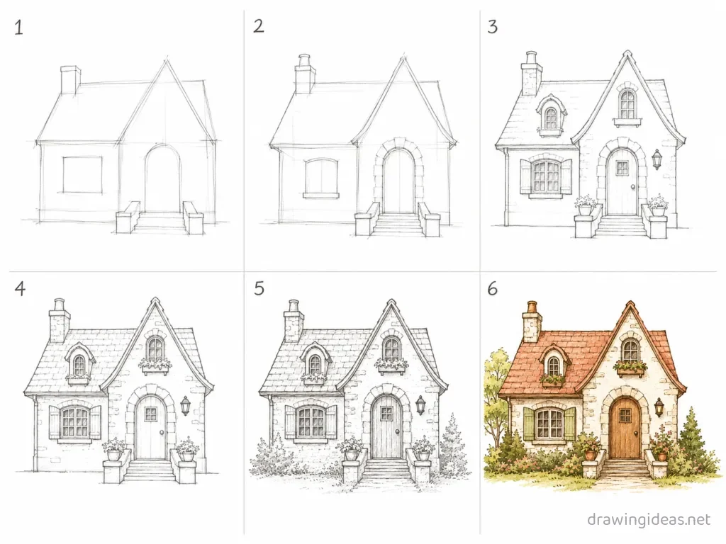 How to draw a building step by step — 6-step building drawing tutorial grid