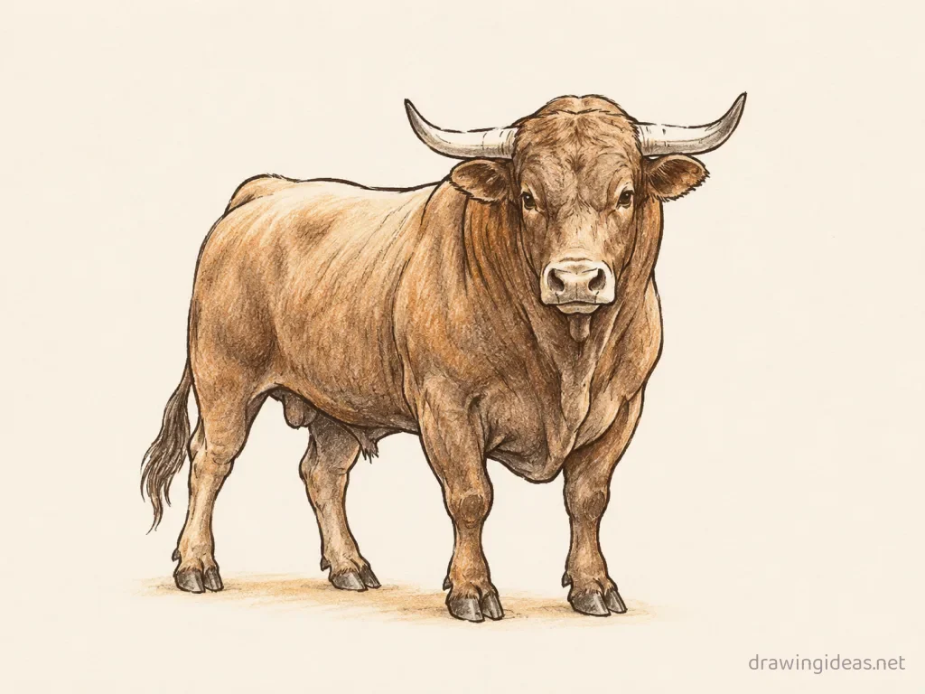 Bull drawing — hand-drawn bull illustration with ink lines and soft colors