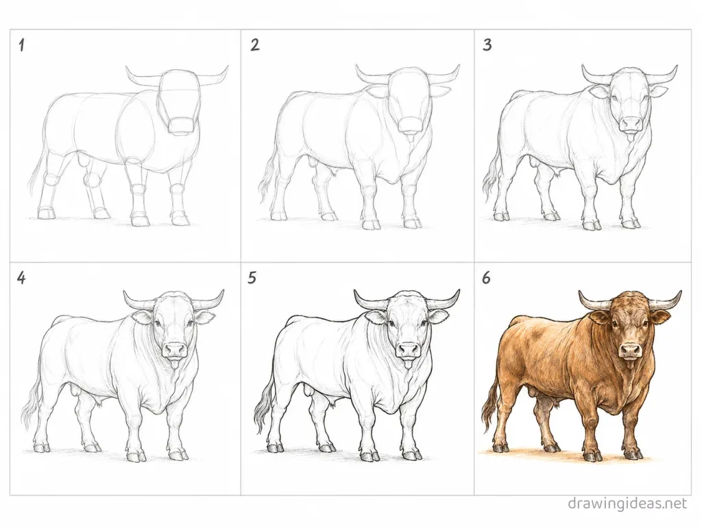 How to draw a bull step by step — 6-step bull drawing tutorial grid