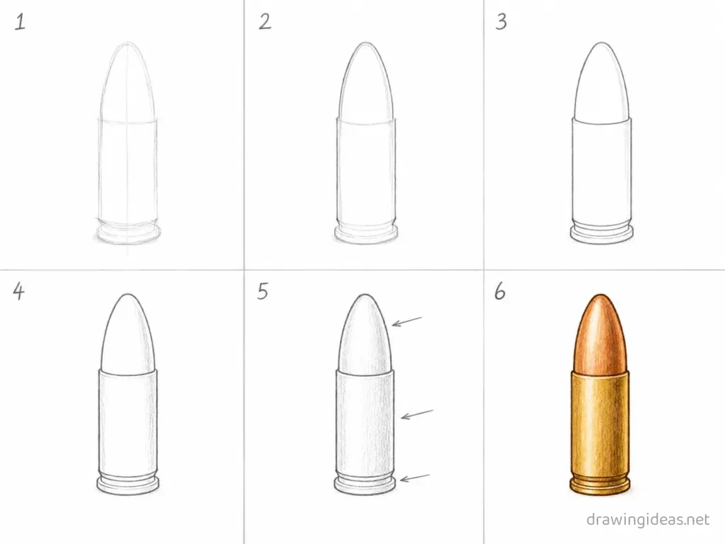 How to draw a bullet step by step — 6-step bullet drawing tutorial grid