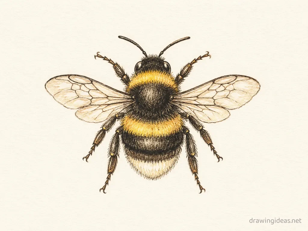 Bumblebee drawing — hand-drawn bumblebee illustration with ink lines and soft colors