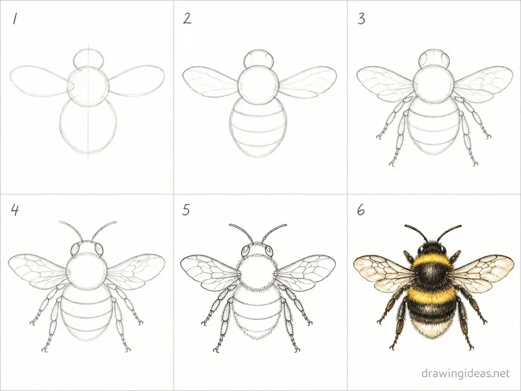 How to draw a bumblebee step by step — 6-step bumblebee drawing tutorial grid